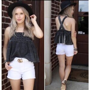 Free People Marina Washed Black Denim Top Babydoll